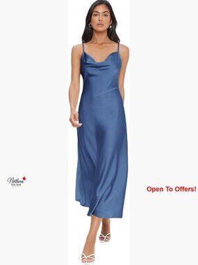 Spaghetti Strap Cowl Neck Satin Silk Slip Midi Dress